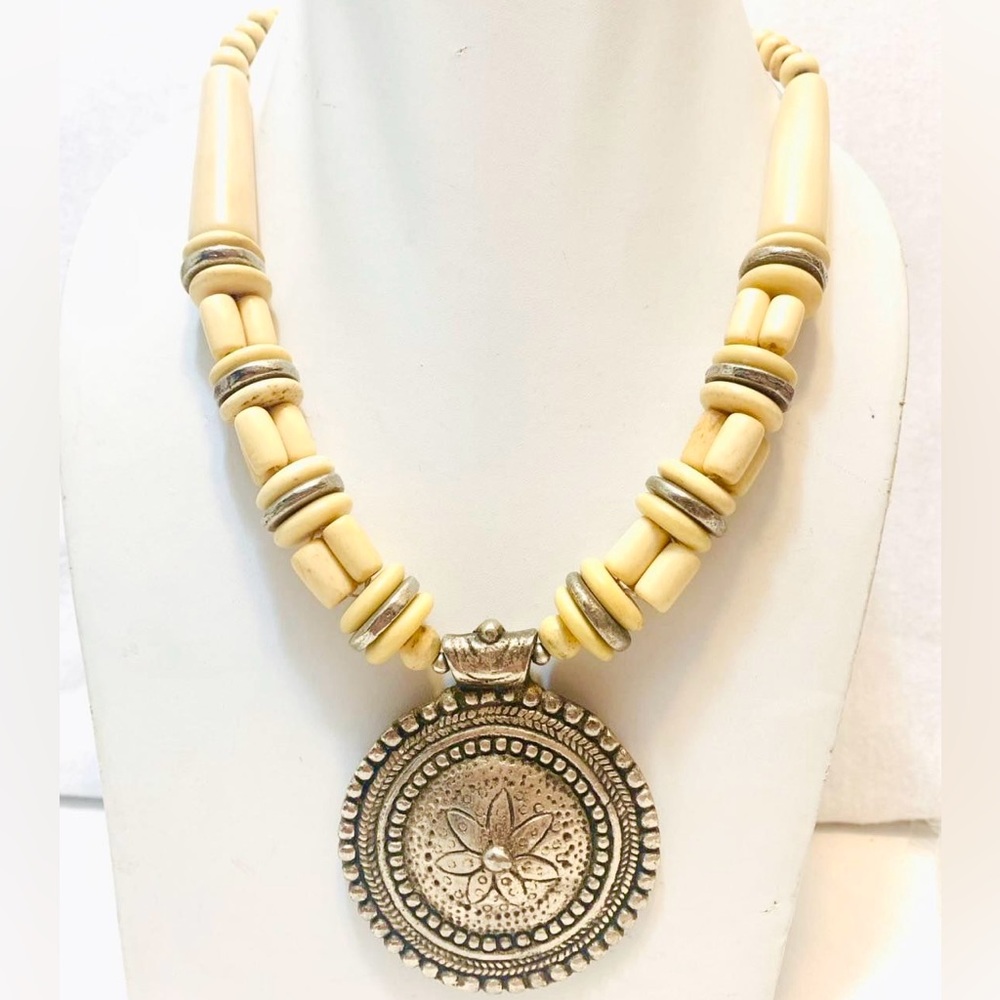 Handmade bone bead metal pendent necklace